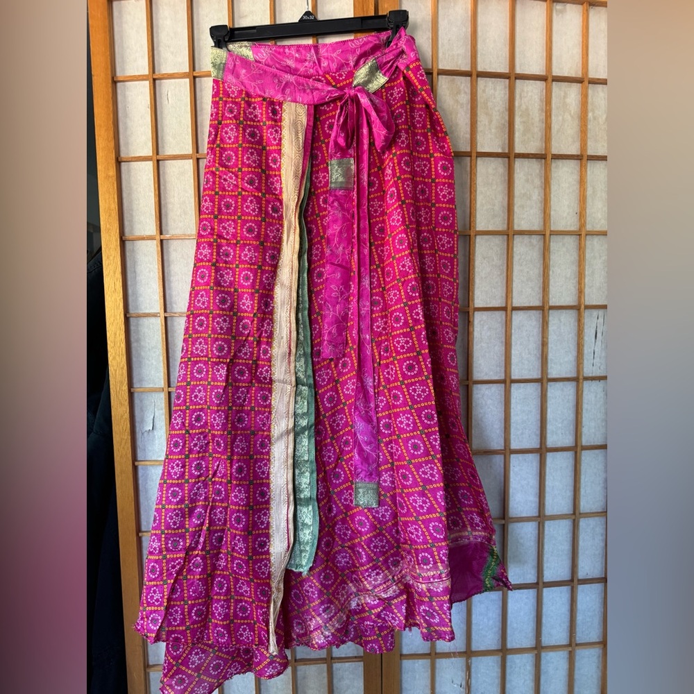 Pink and Green Silk Maxi wrap Skirt